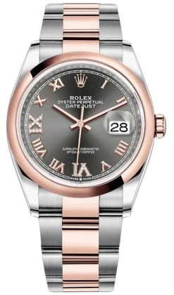 Rolex Datejust 36mm Stainless Steel And Rose Gold 126201 Dark Rhodium VI IX Roman Oyster