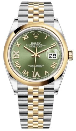 Rolex Datejust 36mm Stainless Steel And Yellow Gold 126203 Olive Green VI IX Roman Jubilee