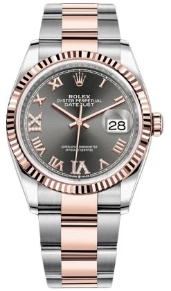 Rolex Datejust 36mm Stainless Steel And Rose Gold 126231 Dark Rhodium VI IX Roman Oyster