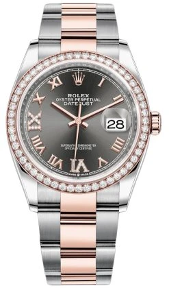 Rolex Datejust 36mm Stainless Steel And Rose Gold 126281RBR Dark Rhodium VI IX Roman Oyster
