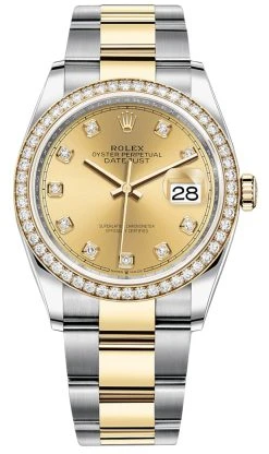 Rolex Datejust 36mm Stainless Steel And Yellow Gold 126283RBR Champagne Diamond Oyster