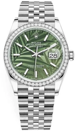 Rolex Datejust 36mm Stainless Steel 126284rbr Olive Green Palm Jubilee