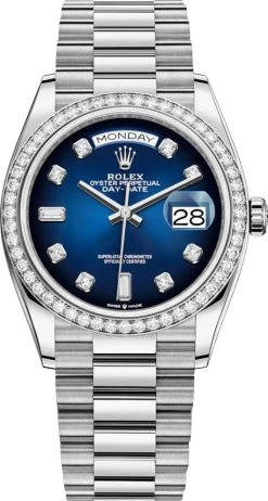 Rolex Day-Date 36mm White Gold 128349RBR Blue Graduated Diamond