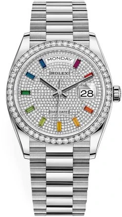 Rolex Day-Date 36mm White Gold 128349RBR Pave Rainbow