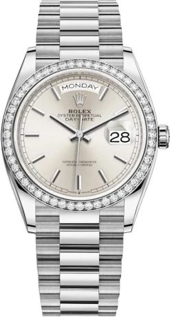 Rolex Day-Date 36mm White Gold 128349RBR Silver Index