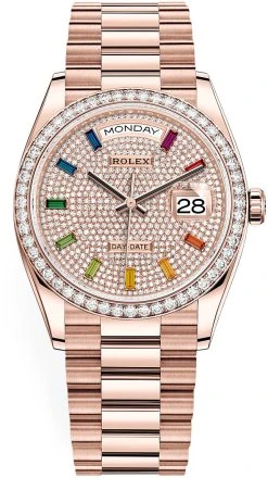 Rolex Day-Date 36mm Everose Gold 128345RBR Pave Rainbow