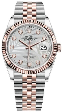 Rolex Datejust 36mm Stainless Steel And Rose Gold 126231 Silver Palm Diamond Jubilee