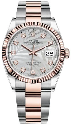Rolex Datejust 36mm Stainless Steel And Rose Gold 126231 Silver Palm Diamond Oyster