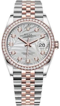 Rolex Datejust 36mm Stainless Steel And Rose Gold 126281rbr Silver Palm Diamond Jubilee