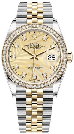 Rolex Datejust 36mm Stainless Steel And Yellow Gold 126283rbr Golden Palm Diamond Jubilee
