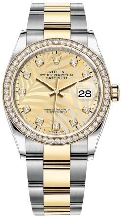 Rolex Datejust 36mm Stainless Steel And Yellow Gold 126283rbr Golden Palm Diamond Oyster