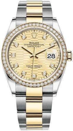 Rolex Datejust 36mm Stainless Steel And Yellow Gold 126283rbr Golden Fluted Diamond Oyster